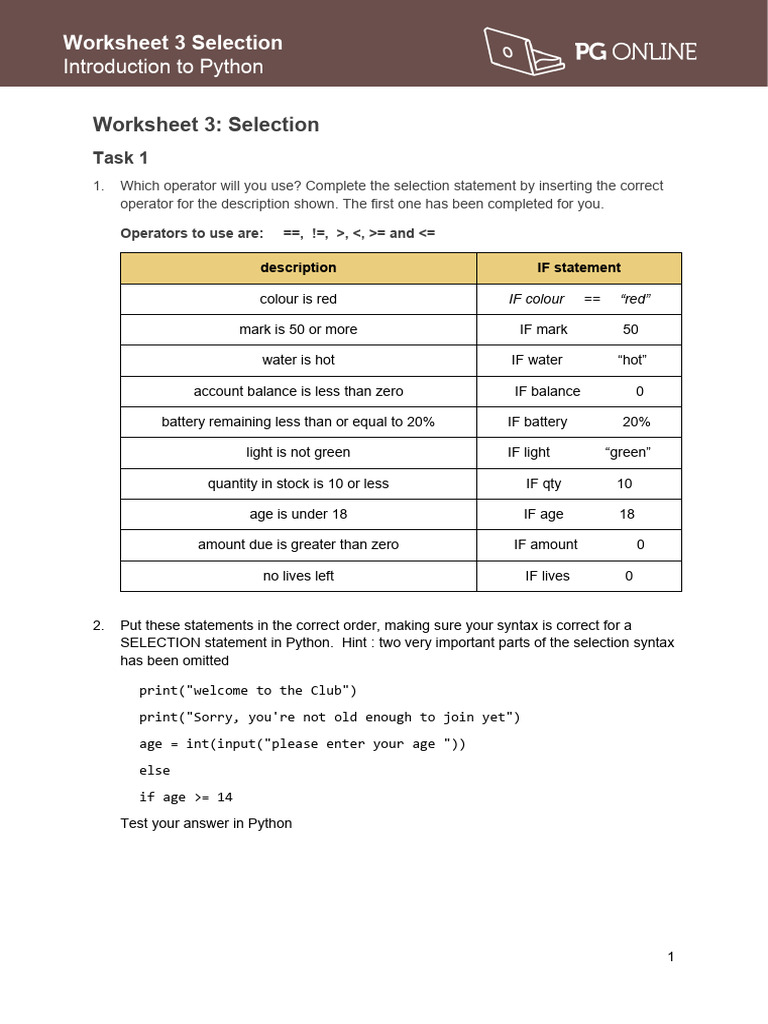 Python Worksheet 3 Selection | PDF | Computing | Computer Programming
