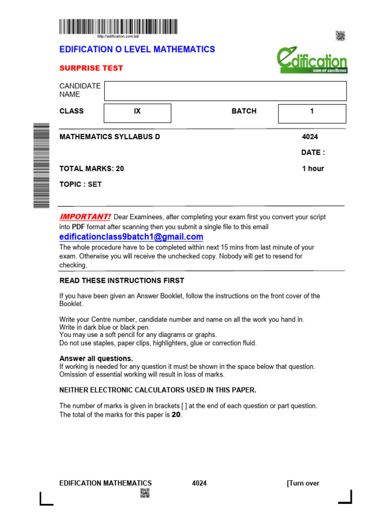 O Level Mathematics Surprise Test Guide | PDF