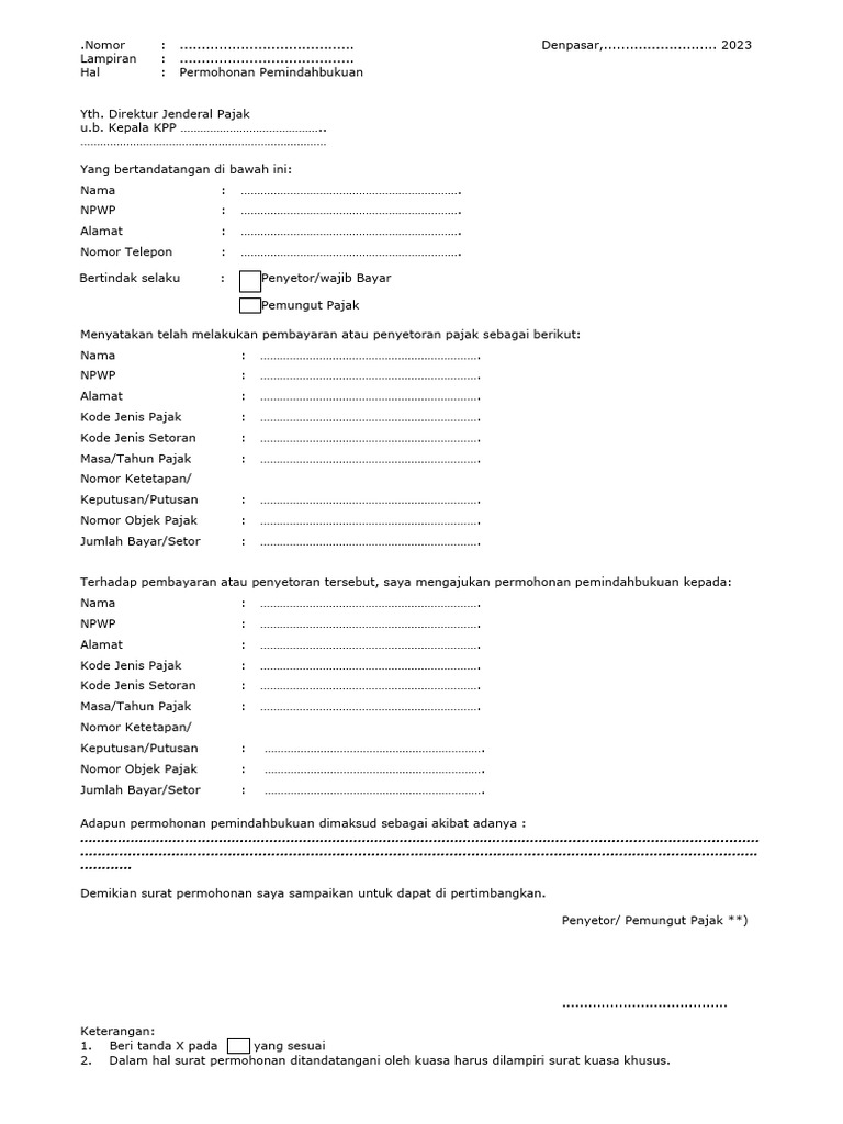 Permohonan Pemindahbukuan Pajak | PDF
