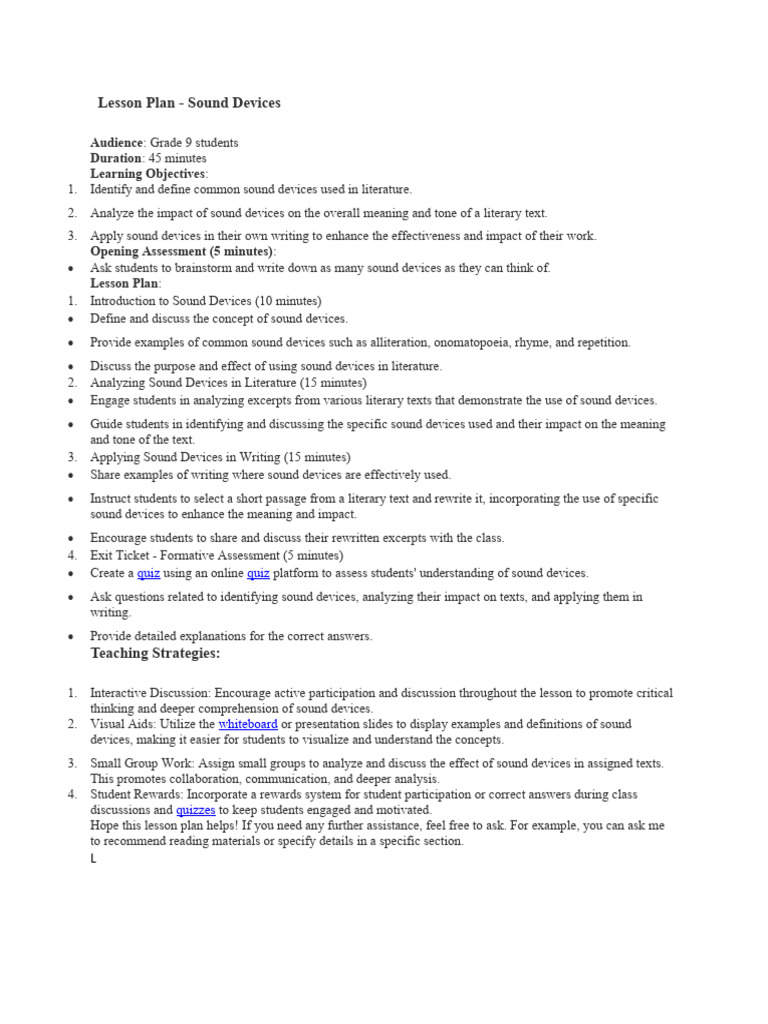 Sound Devices for Grade 9 Students | PDF | Career & Growth | Foreign ...
