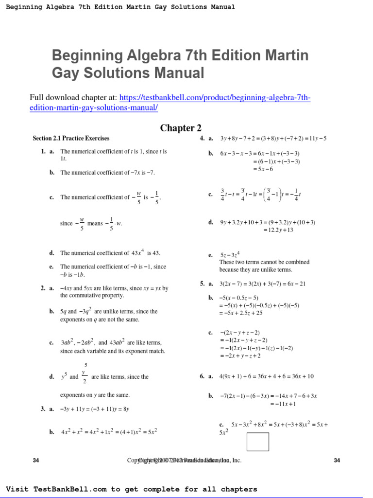 Beginning algebra 7th edition martin gay solutions manual pdf