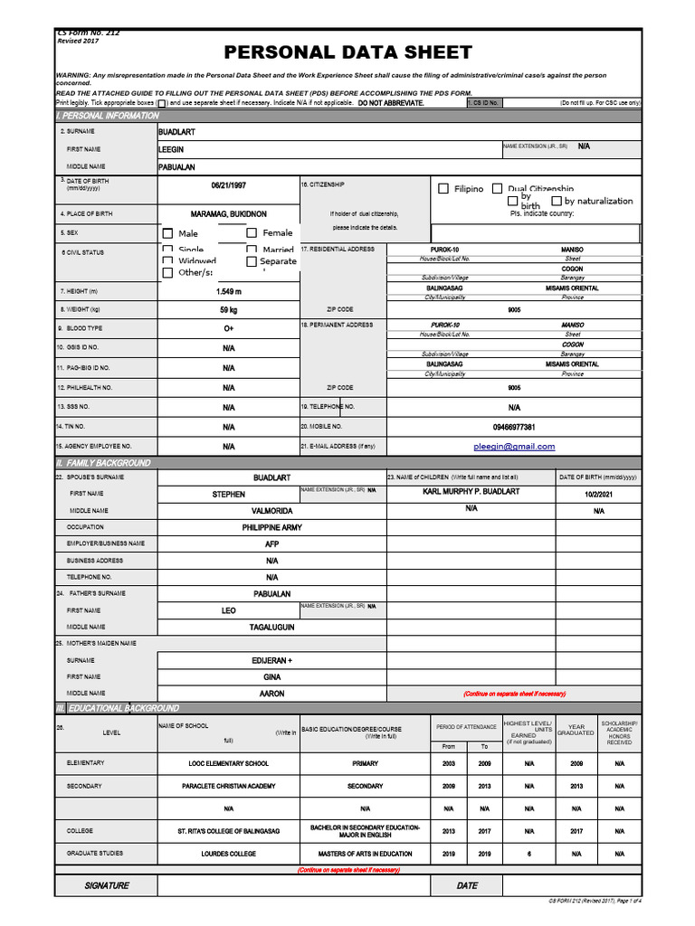 Long cs form no 212 personal data sheet excel format download free