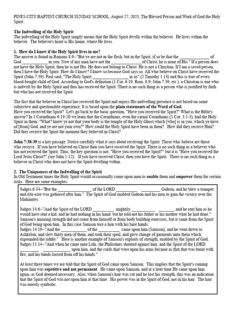 Ss 6 The Indwelling Of The Holy Spirit Pdf Samson Gospel Of John