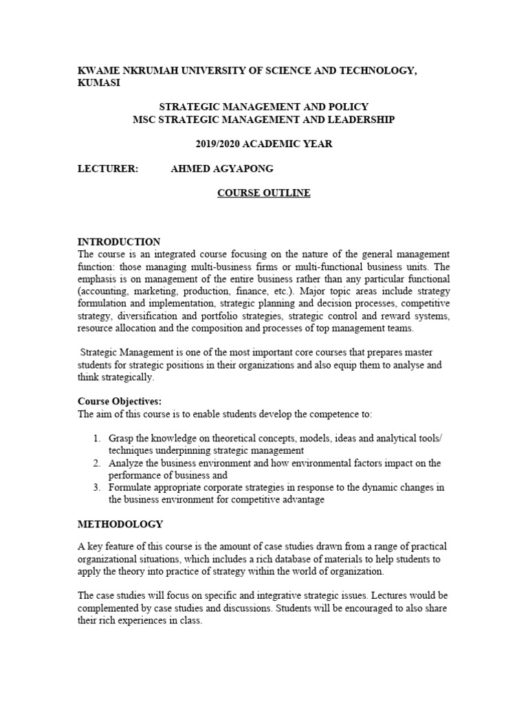 Strategic Management Course Outline 2019 PDF Strategic Management