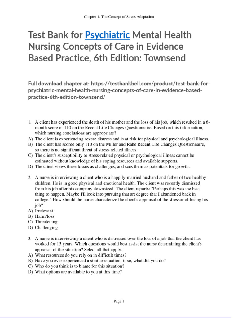 Test Bank For Psychiatric Mental Health Nursing Concepts of Care in