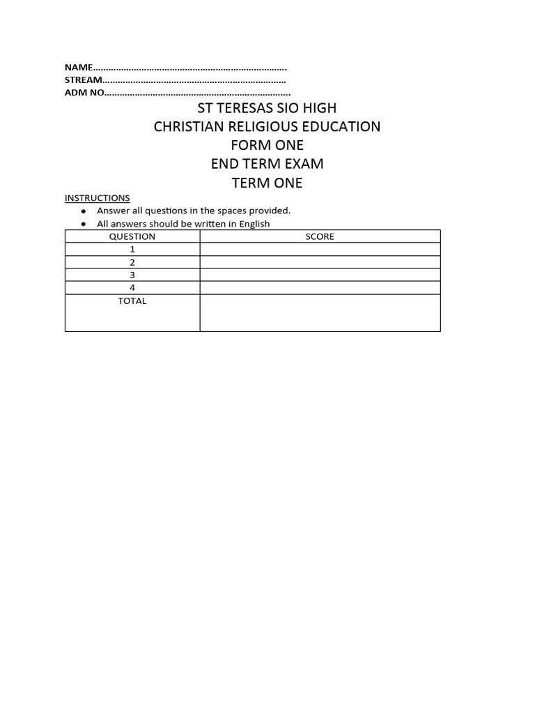 Form One CRE End Term Exam 2024 | PDF | Theology | Religious Belief And ...