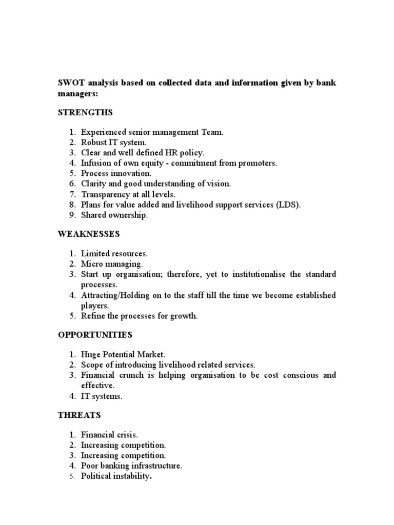 SWOT Analysis Based On Collected Data and Information Given by Bank ...