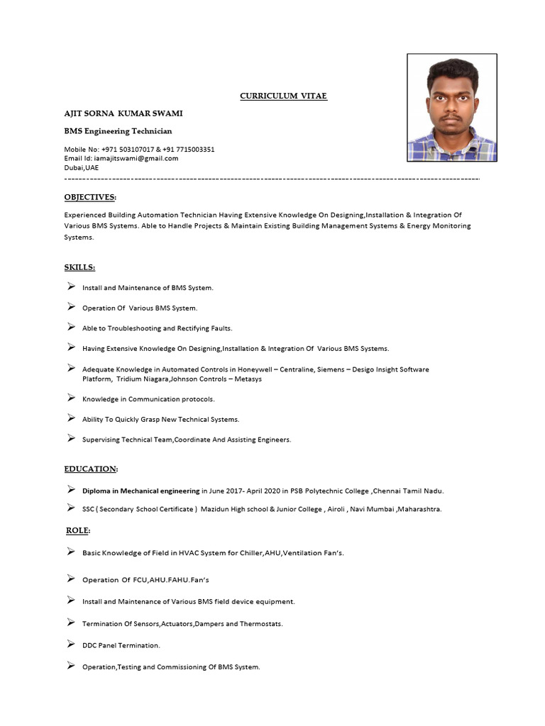 BMS Engineering Technician CV | PDF | Building Automation | Computing