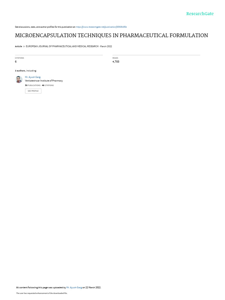 Microencapsulation in Pharma Formulation | PDF | Physical Chemistry ...