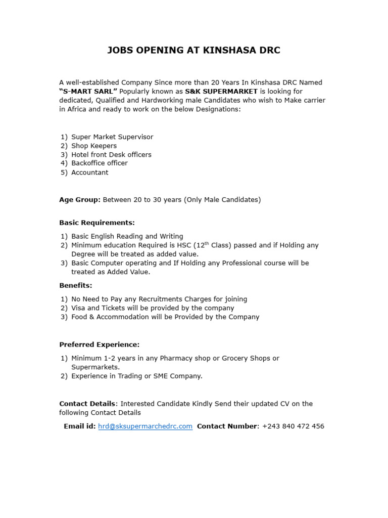 Jobs Opening at Kinshasa DRC PDF