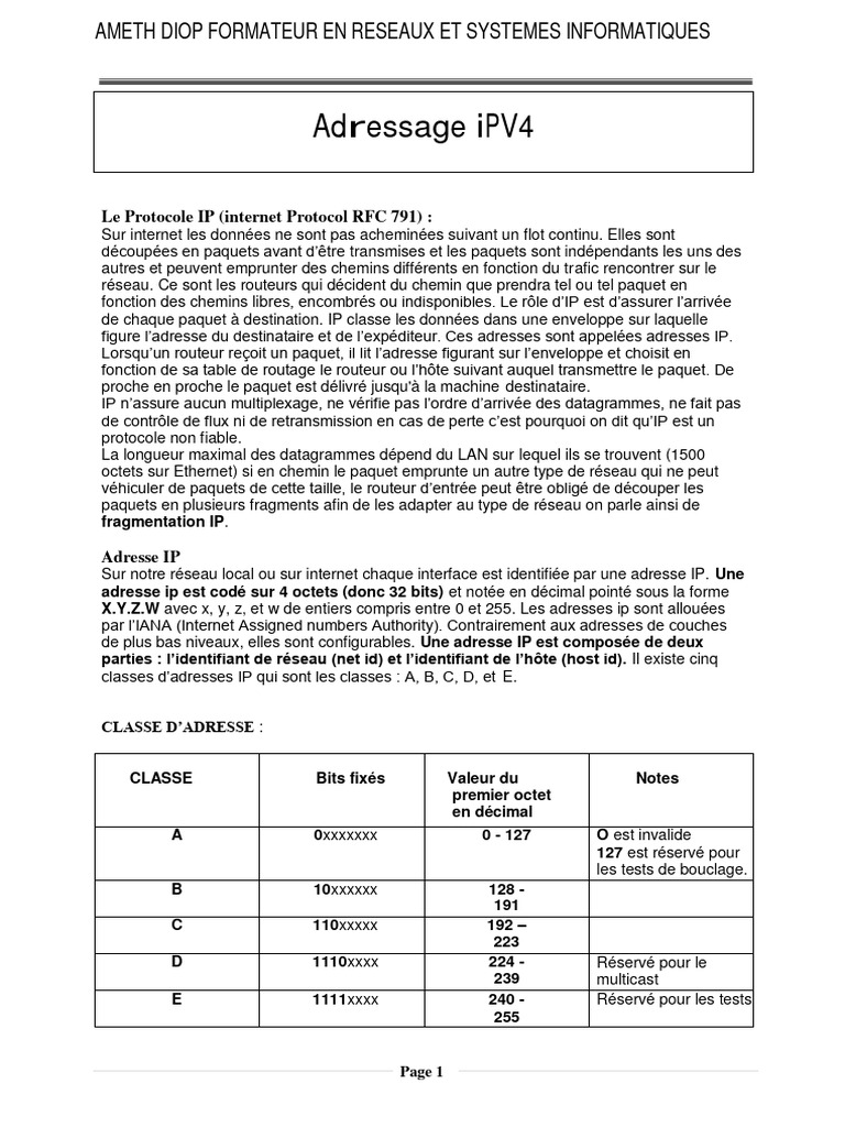 Cours sur l'adressage IPv4 et ses classes | PDF | Protocoles Internet ...