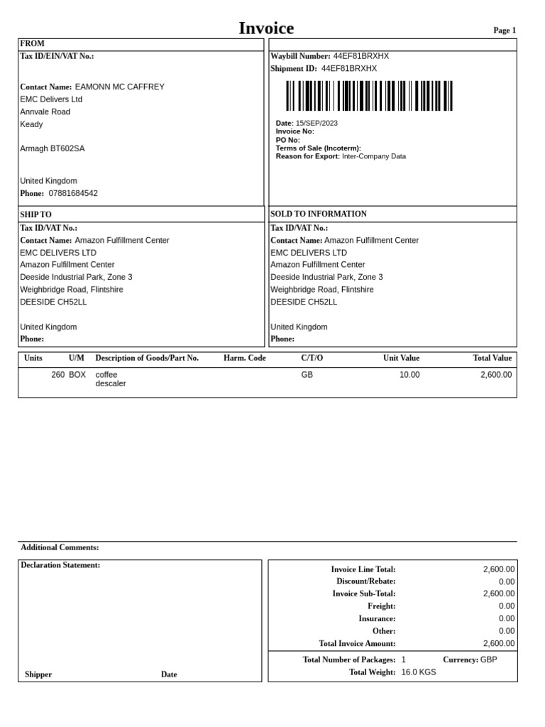 Invoice date 15 sep 2023 invoice no po no terms of sale incoterm