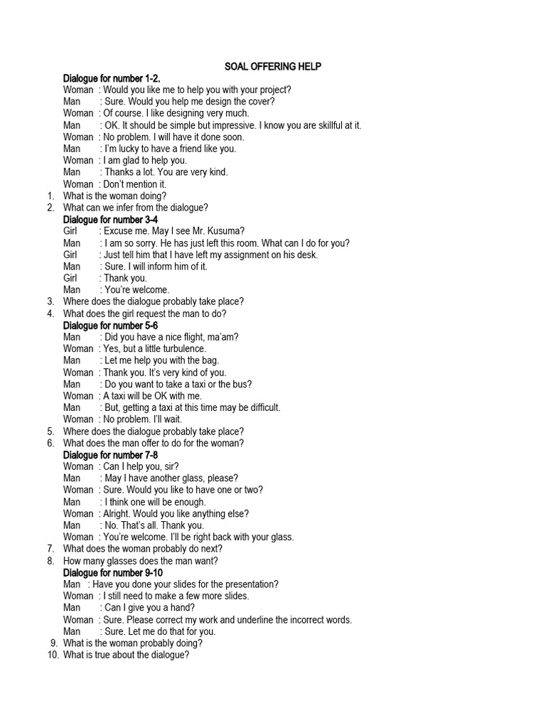 Offering Help Dialogues and Exercises | PDF | Home & Garden