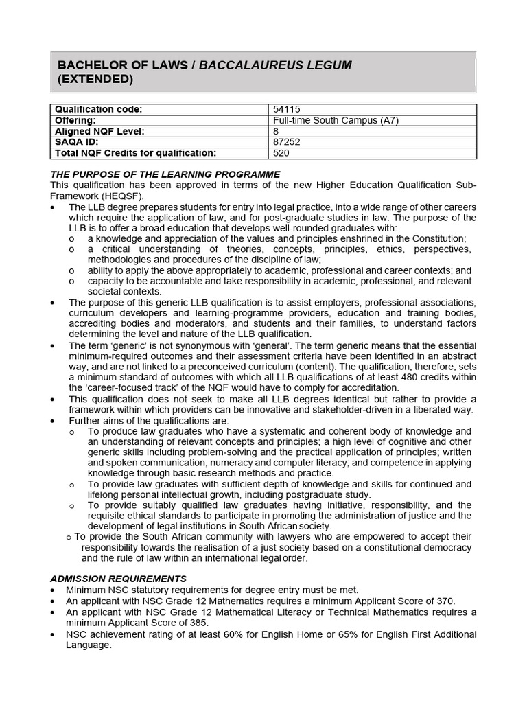 Bachelor of Laws / Baccalaureus Legum (Extended) | PDF | Curriculum ...