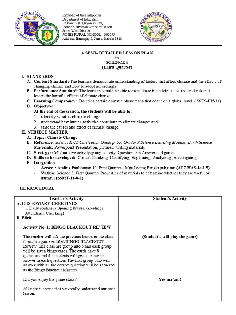 Science 9 Lesson Plan on Climate Change | PDF | Learning | Lesson Plan