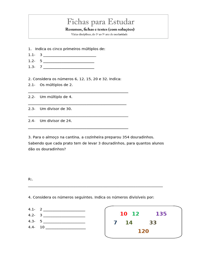 Ficha Matematica 6 Ano Multiplos e Divisores | PDF | Matemática ...
