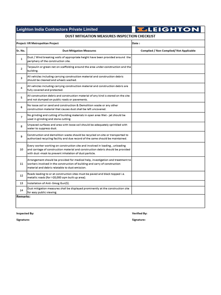 DPCC Dust Mitigation Measures Inspection Checklist 2022 PDF
