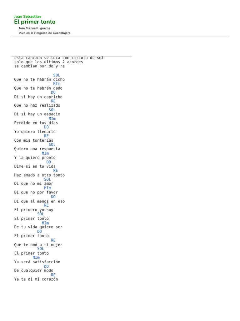 EL PRIMER TONTO, Joan Sebastian Acordes PDF