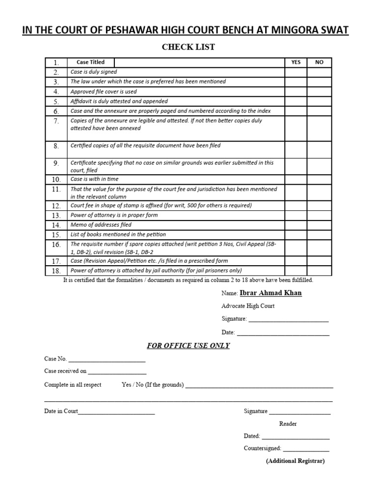 Peshawar High Court Bail Application Checklist | PDF | Bail | Advocate