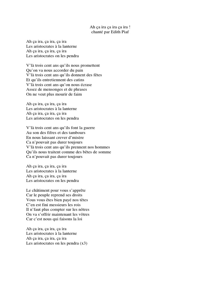 Ah Ca Ira Paroles Chantees Par Edith Piaf | PDF