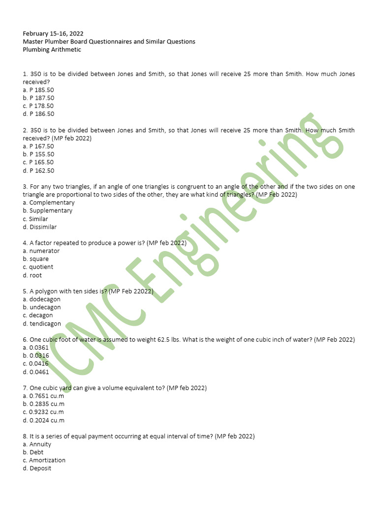 Master Plumber Board Math Questions | PDF | Depreciation | Book Value
