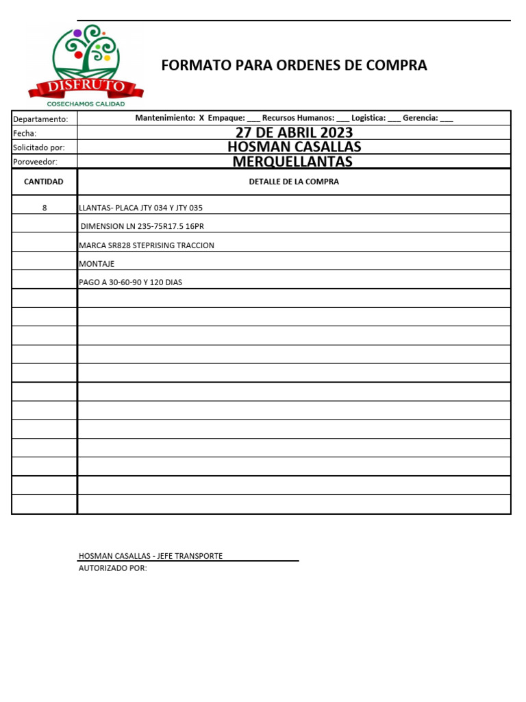 Orden de Compra para Llantas Merquellantas | PDF