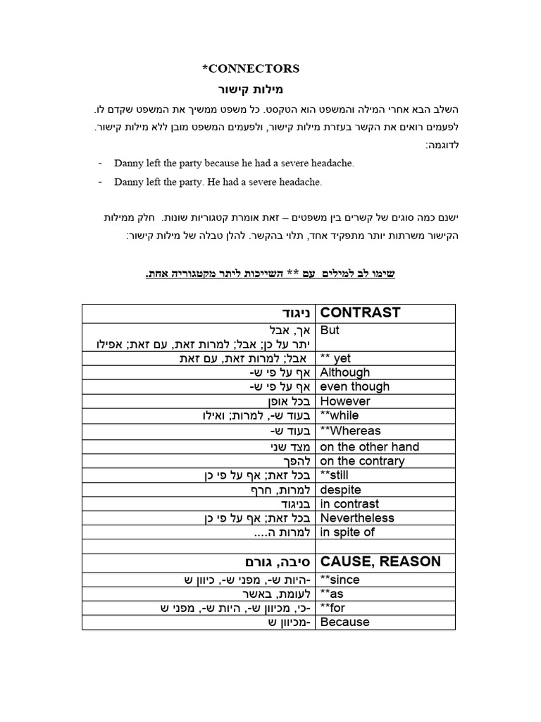 אנגלית מתקדמים א' - connectors list - 704138 | PDF