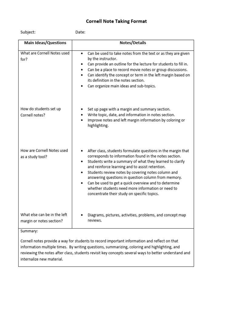 Cornell Notes Format | PDF