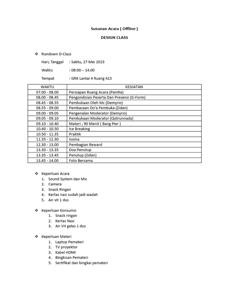 Rundown Acara Design Class 2023 | PDF