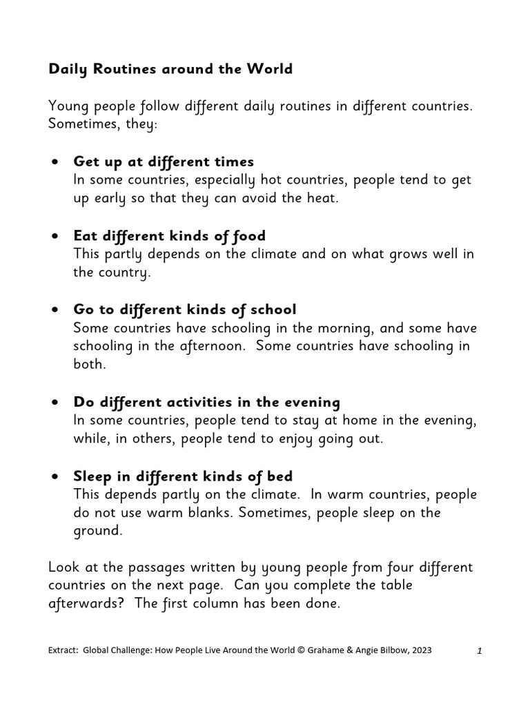 Daily Routines Around The World | PDF | Lunch | Bed