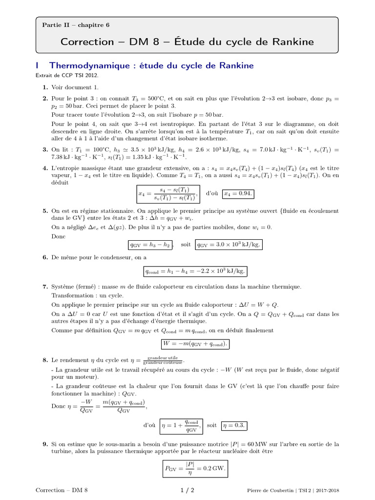 Etude Du Cycle de Rankine Pour Une Turbine Corrige | PDF