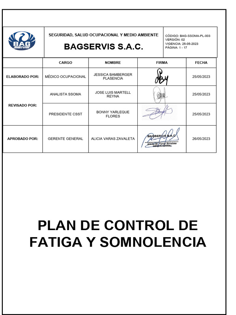 Plan de Prevencion de Fatiga y Somnolencia Bagservis | PDF | Seguridad ...