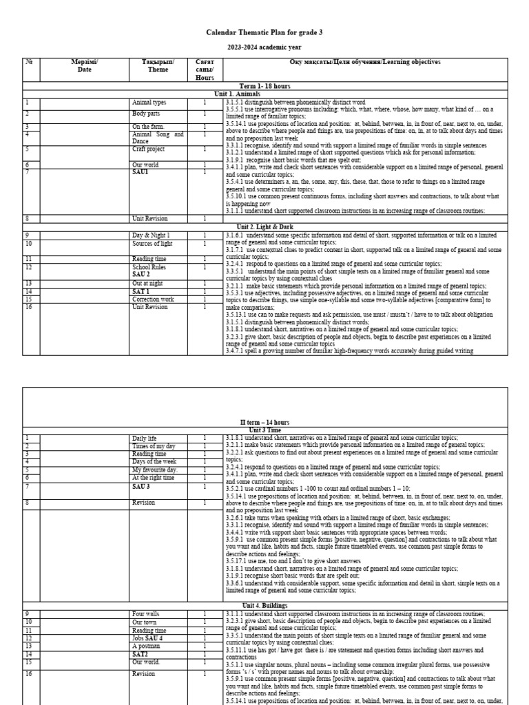 Grade 3 Thematic Calendar Plan 2023-2024 | PDF | Verb | Word
