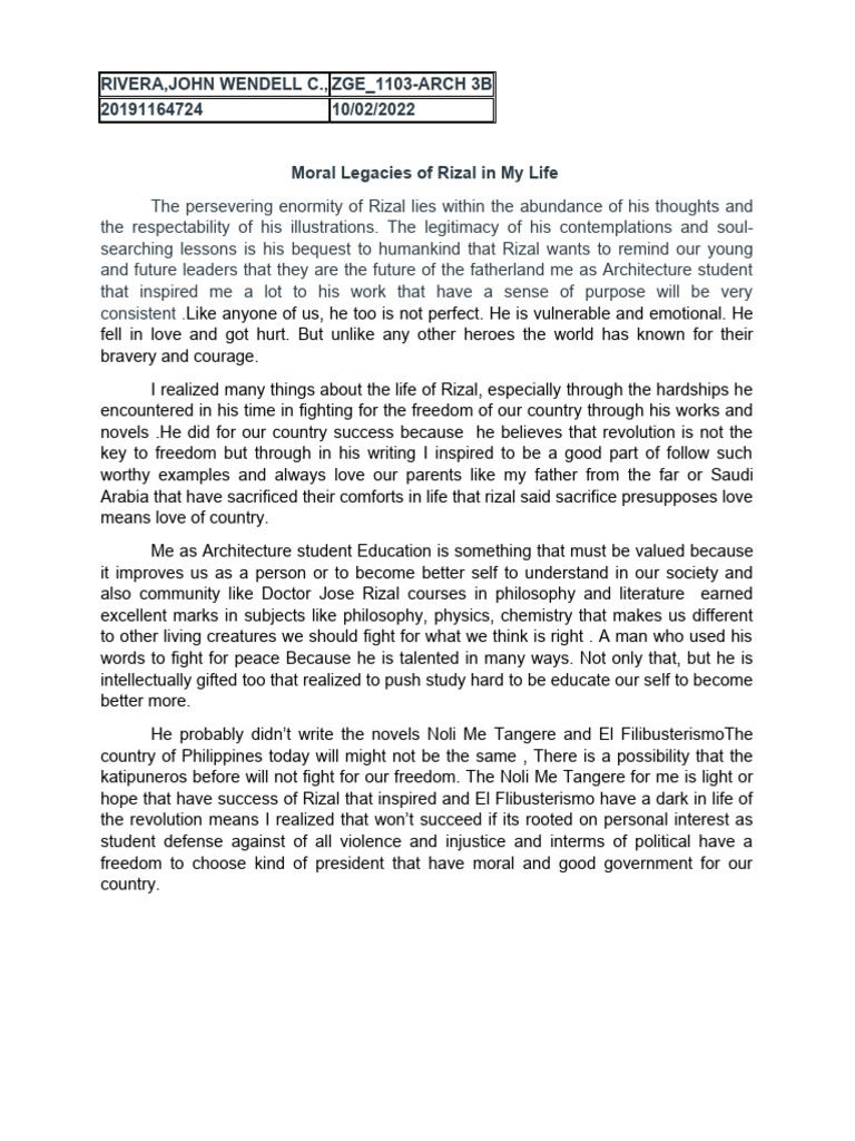 Moral Legacies of Rizal in My Life PDF