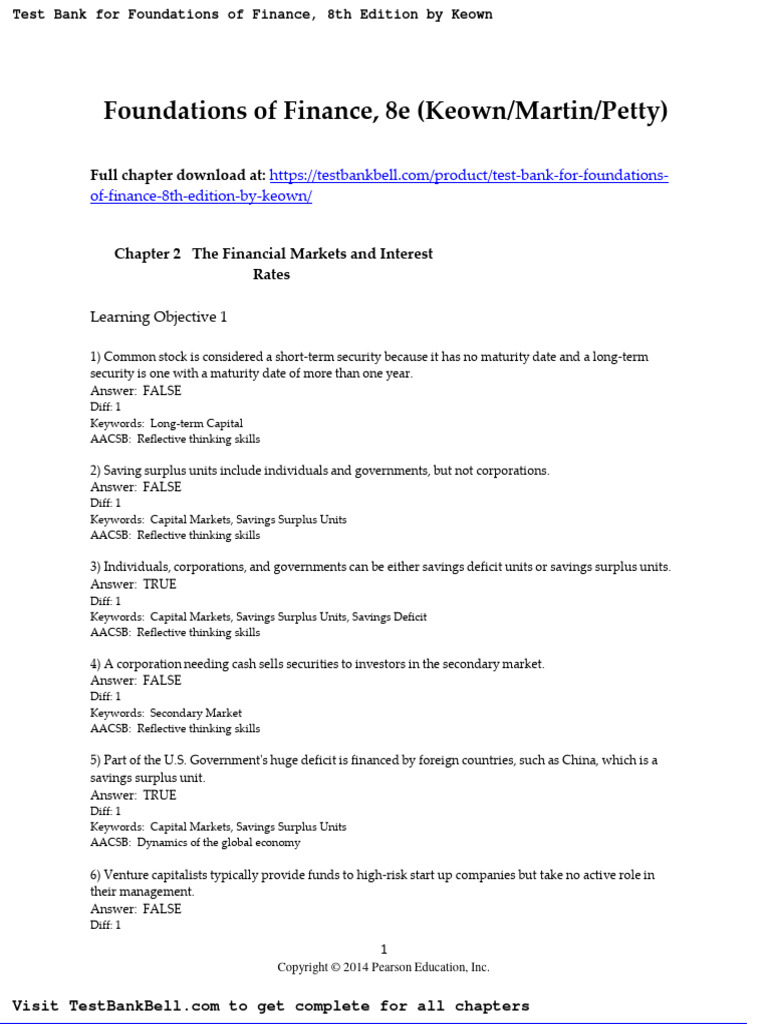 Test Bank For Foundations of Finance 8th Edition by Keown PDF