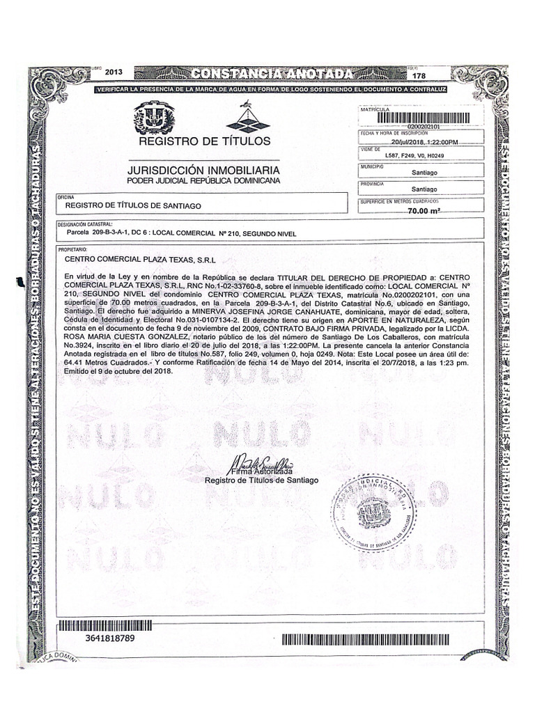 Certificado de Titulo de Propiedad de La Republica Dominicana PDF