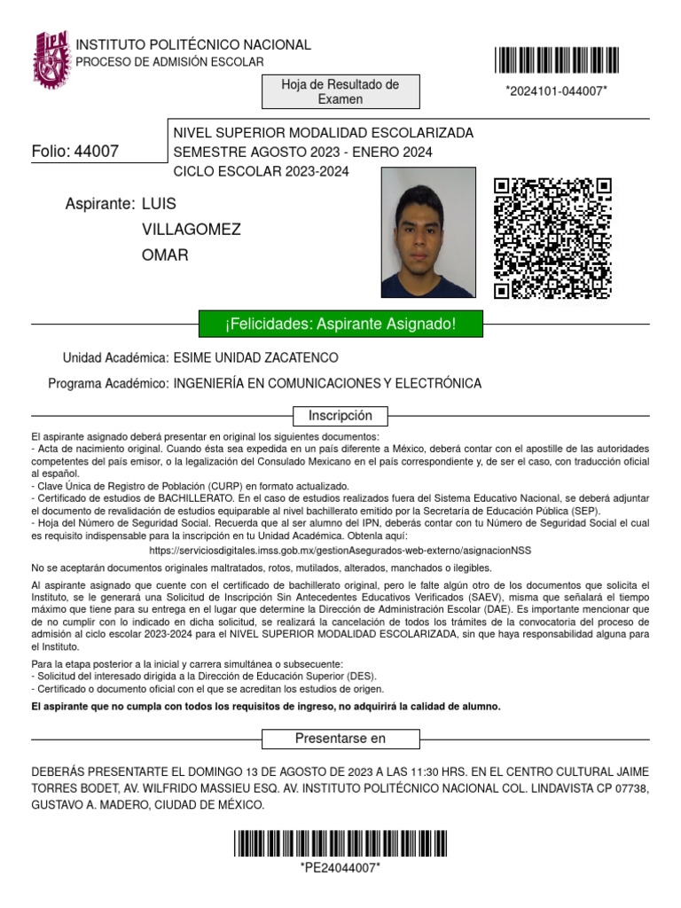 Folio: 44007: ¡Felicidades: Aspirante Asignado! | PDF