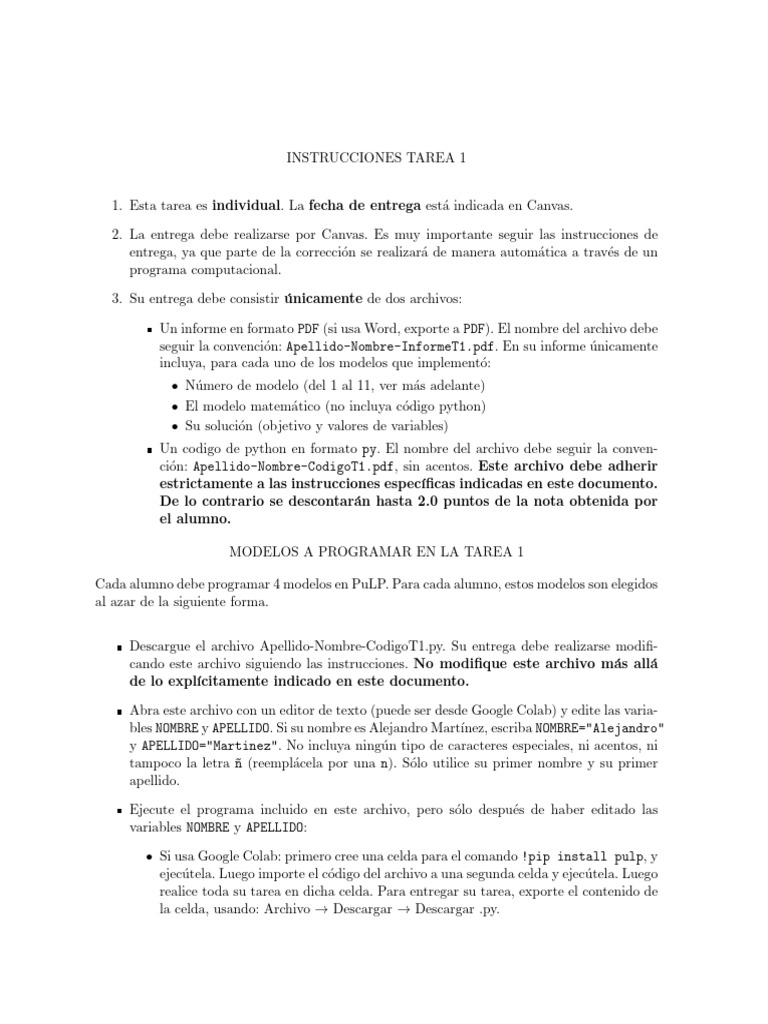 Instrucciones para Tarea 1 en PuLP | PDF | Lenguaje de programación ...