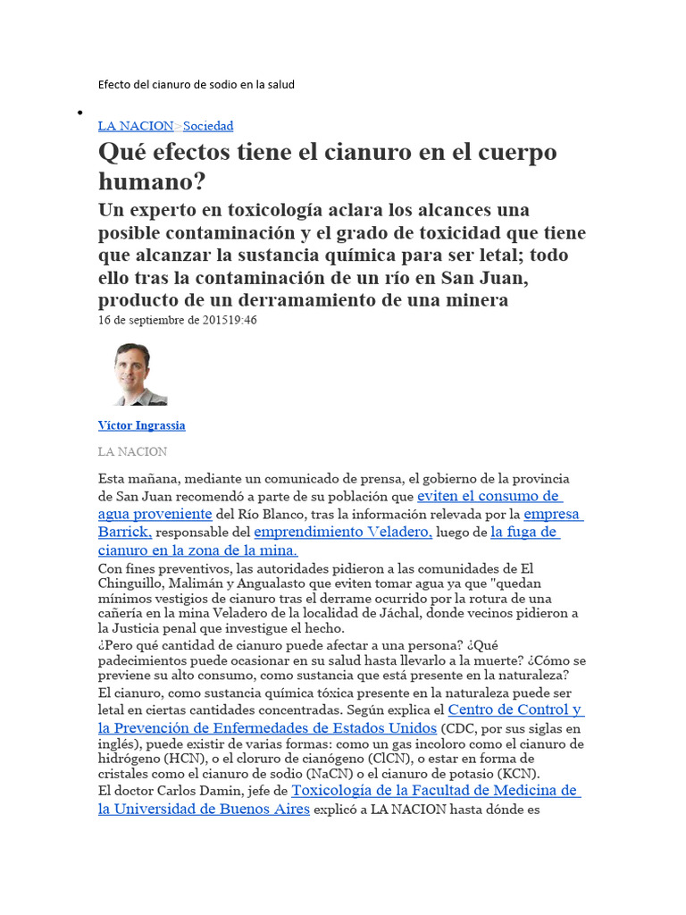 Efecto Del Cianuro de Sodio en La Salud | PDF | Cianuro | Agua