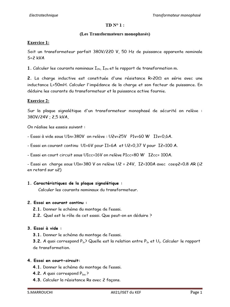 TD2 Et | PDF | Transformateur électrique | Puissance (physique)