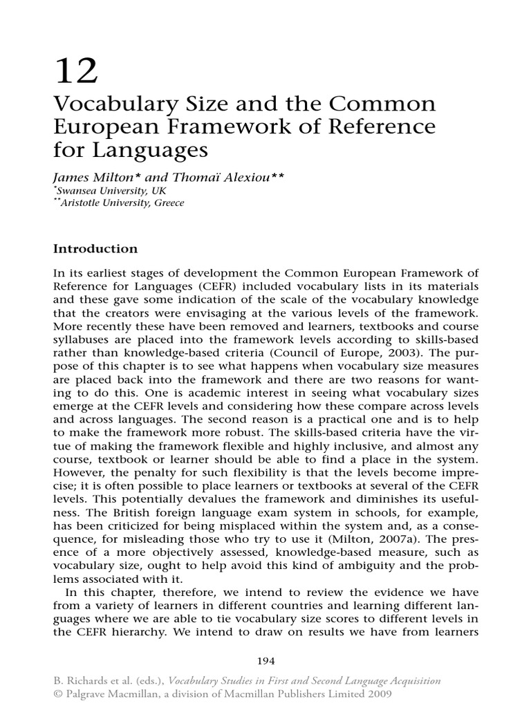 Vocabulary Size and The Common European Framework of Reference For Languages PDF Vocabulary