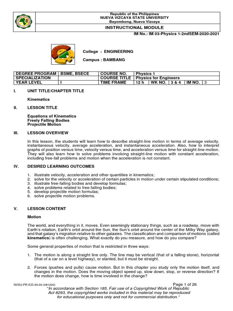 Im 03 Physics Kinematics Pdf Acceleration Velocity