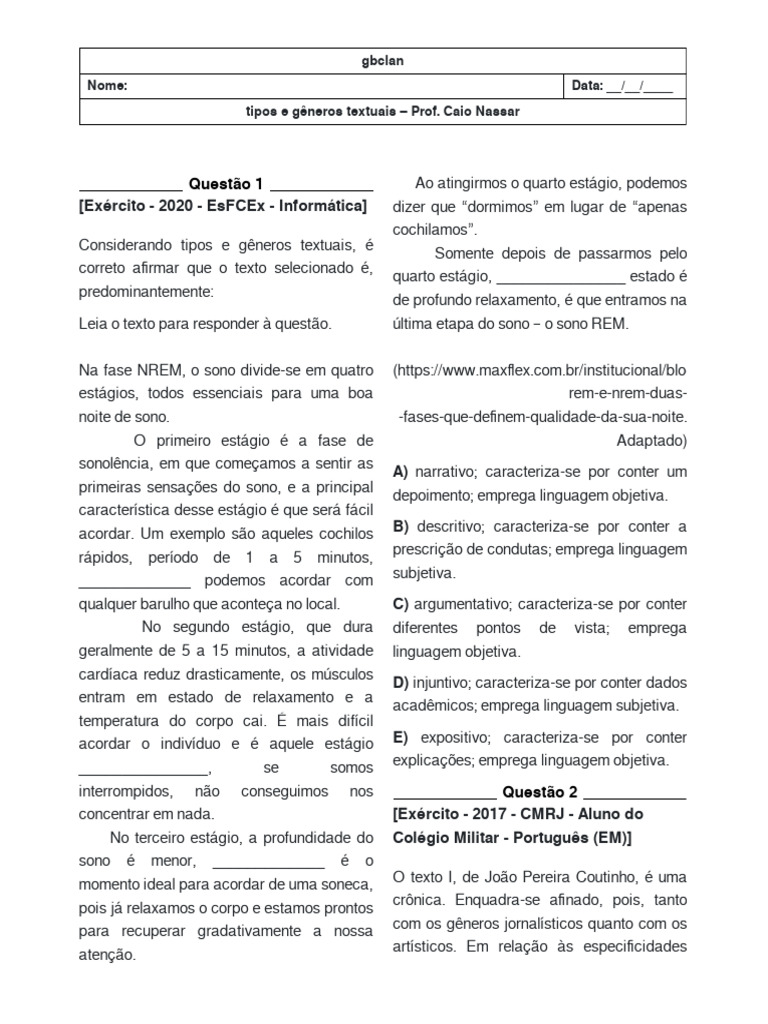 Exercicios de Tipos e Gêneros Textuais | PDF | Psicologia | Dormir