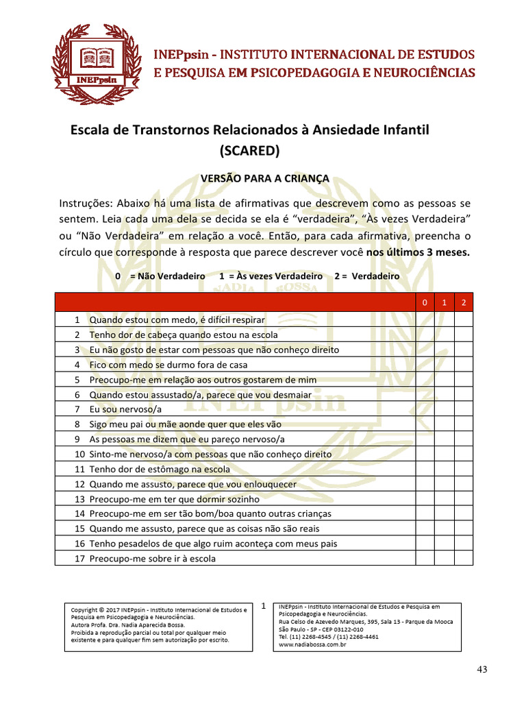 Escala de Transtornos Relacionados À Ansiedade Infantil (Scared) Versão ...