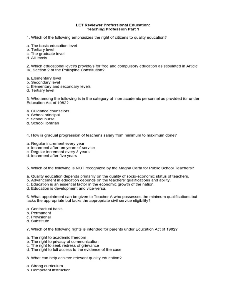 LET Reviewer: Teaching Profession | PDF | Teachers | Schools