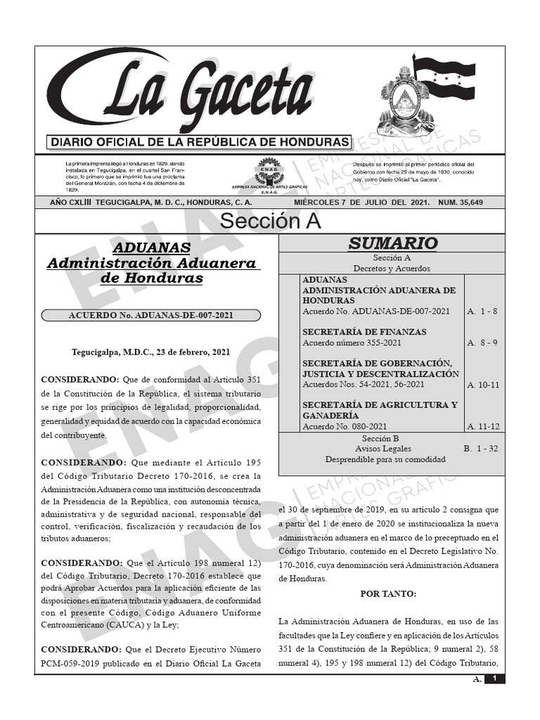 Aduanas De 007 2021 Pdf Honduras Aduana