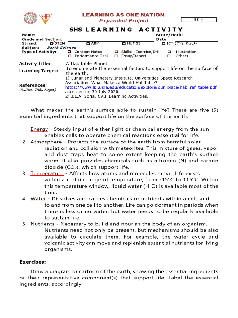 Earth Science Las 1 Habitable Planet Pdf Earth Planetary Habitability