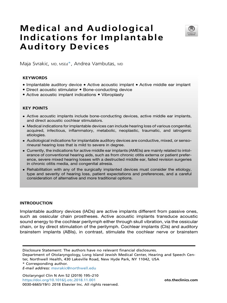 Medical and Audiological Indications For Implantable Auditory Devices PDF