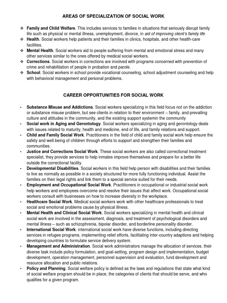 AREAS OF SPECIALIZATION OF SOCIAL WORK Notes PDF Social Work
