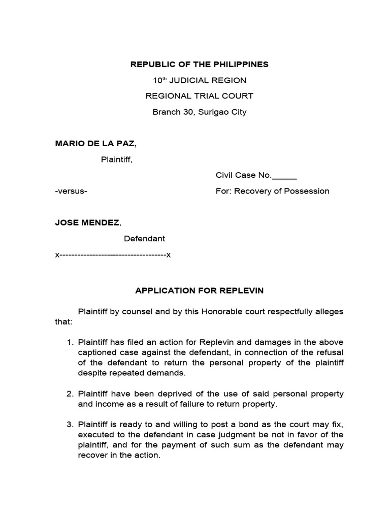 Application for Replevin in Surigao City | PDF